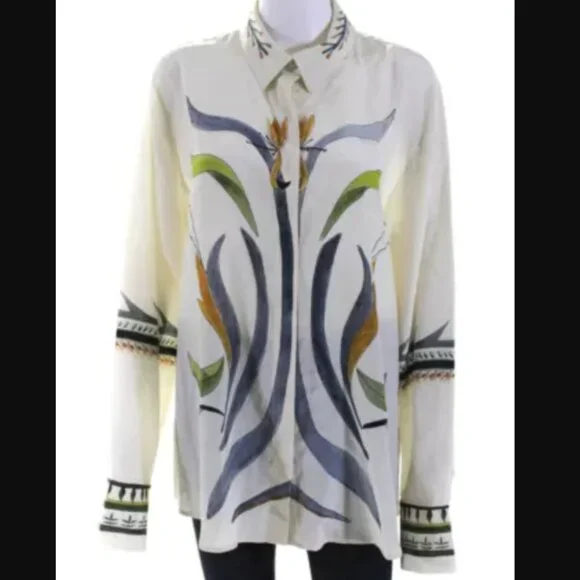 Altuzarra Chika Botanical Print Button Up Blouse Ivory Silk Size IT46 XL L $995
